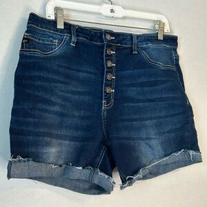 Kancan High Rise 5 Button Dark Wash Raw Hem Denim Shorts. Size XL